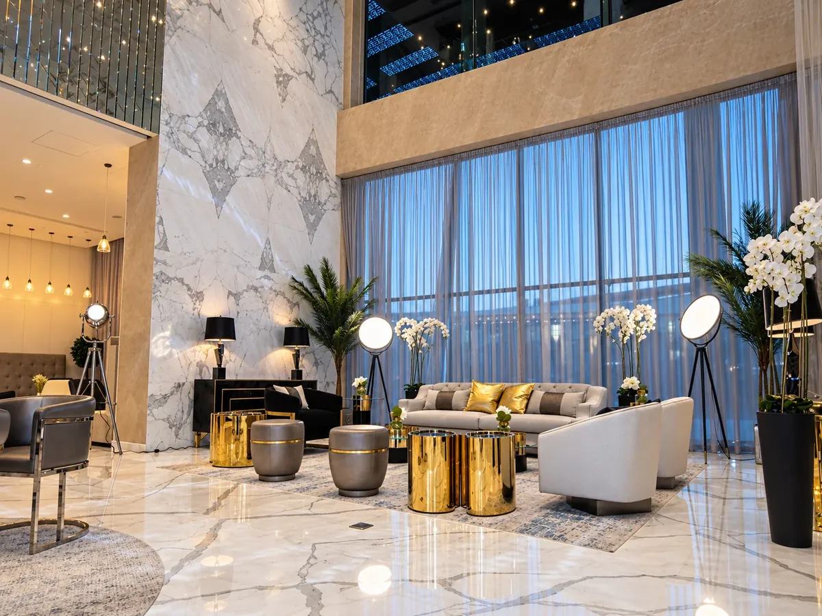 DAMAC Towers Riyadh — double-height lounge after the ASAS fit-out